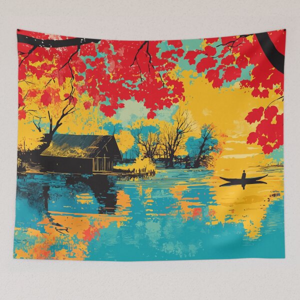 Aperçu de l'œuvre Paysage d'automne en bateau dans les marais, nature, illustration minimaliste abstraite créée et vendue par LVTFCOarts.