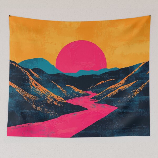 Aperçu de l'œuvre Illustration minimaliste abstraite d'un paysage rétro de montagnes de la rivière Rouge créée et vendue par LVTFCOarts.