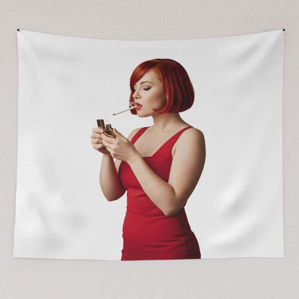 Item preview, Retro Femme Fatale in Red Dress Lighting Cigarette Illustration. designed and sold by Spark2Seduction.