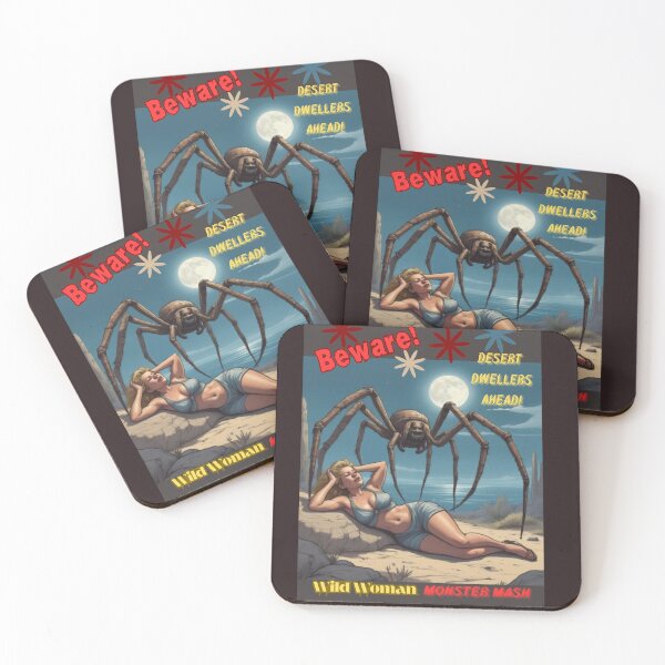 Item preview, Beware! Desert Dwellers Ahead Campy Retro Spider Sci-fi Art Poster designed and sold by WildWmnCreative.