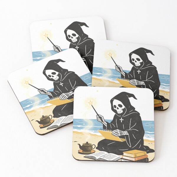 Item preview, Cozy Death on Vacation: Retro Skeleton Writing Magic Spells on the Beach designed and sold by Cherrydora.