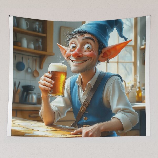 Item preview, Smiling Beer Elf in Cozy Kitchen designed and sold by Nox Studios.