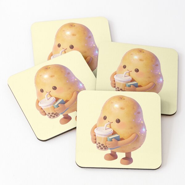 Item preview, Sparkly Kawaii Potato Character Enjoying Bubble Tea and a Good Book | Cute 3D Food Art designed and sold by Cherrydora.