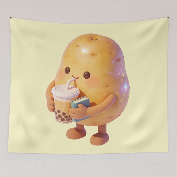 Item preview, Sparkly Kawaii Potato Character Enjoying Bubble Tea and a Good Book | Cute 3D Food Art designed and sold by Cherrydora.