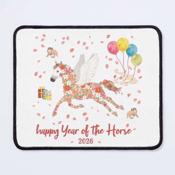 Item preview, Year of the Horse concept with elegant horse and festive decor. Christmas mockup with white horse and white shopping bag, blank space for logo or text. Cozy festive mood with pine branches, lights. designed and sold by PWDigitalArt.