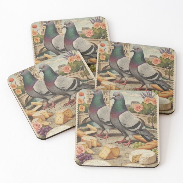 Item preview, Paris Pigeons Cheese Grapes Vintage Postcard Collage Poster designed and sold by CoffeeinBloom.