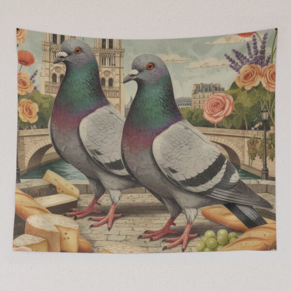 Item preview, Paris Pigeons Cheese Grapes Vintage Postcard Collage Poster designed and sold by CoffeeinBloom.