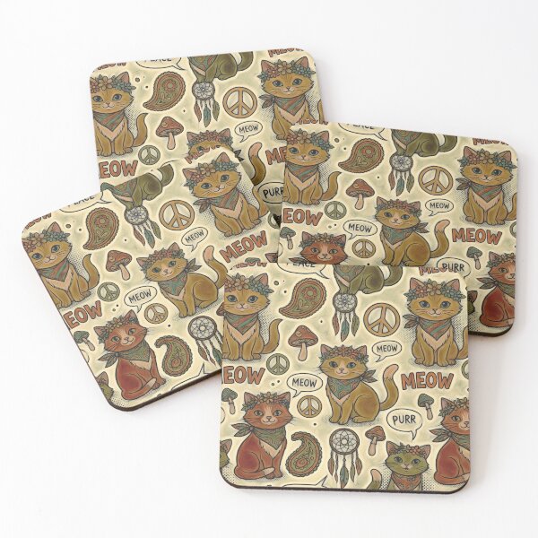 Item preview, Groovy Hippie Cats: 70s Retro Peace & Mushroom Pattern designed and sold by Hen-C-Art.