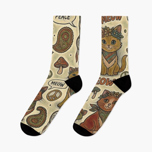 Item preview, Groovy Hippie Cats: 70s Retro Peace & Mushroom Pattern designed and sold by Hen-C-Art.