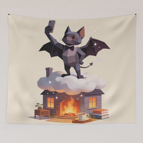 Item preview, Cozy Geometric Bat Demon Selfie: Low Poly Whimsical Imp on Chimney Cloud Fireplace Illustration designed and sold by Cherrydora.