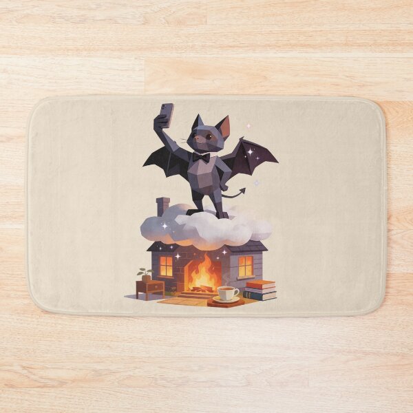 Item preview, Cozy Geometric Bat Demon Selfie: Low Poly Whimsical Imp on Chimney Cloud Fireplace Illustration designed and sold by Cherrydora.