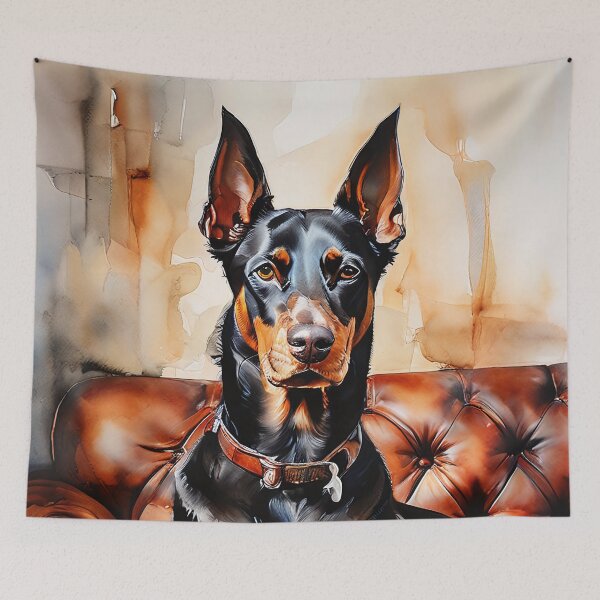 Item preview, Doberman on a leather sofa in watercolor designed and sold by Mianku | Für das Leben.