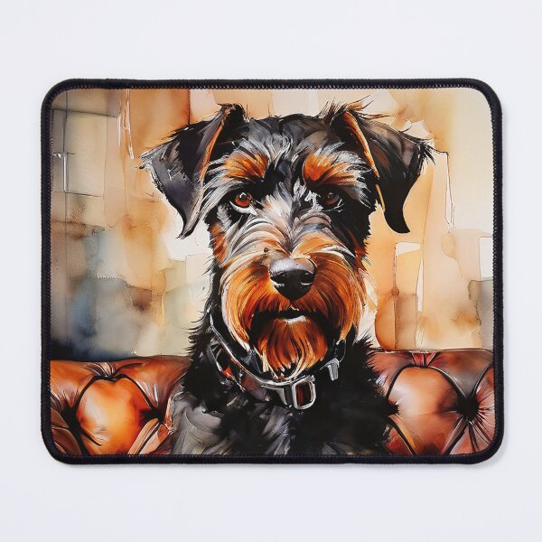 Item preview, Airedale Terrier perched on leather couch designed and sold by Mianku | Für das Leben.