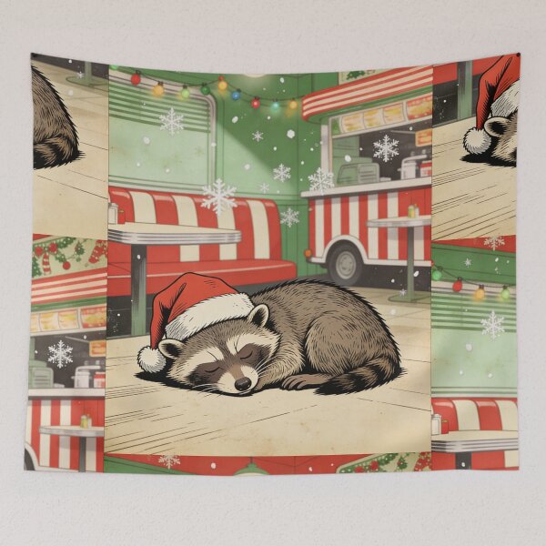 Item preview, Retro Diner Christmas Raccoon Napping | Vintage Holiday Trash Panda Art designed and sold by Cherrydora.