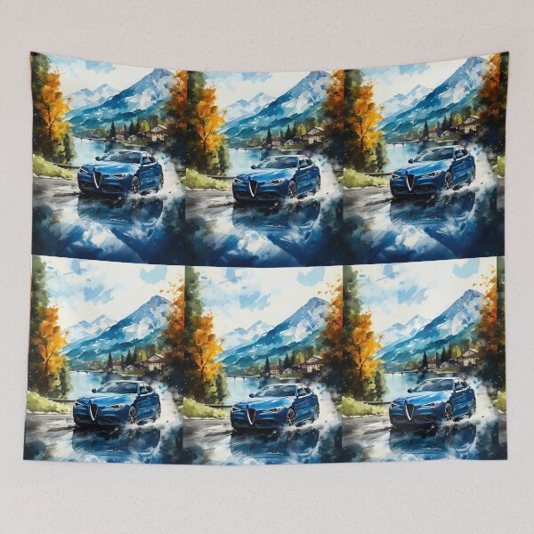 Item preview, Italian performance car carving wet curve beneath snowy peaks designed and sold by RevUpDesign.