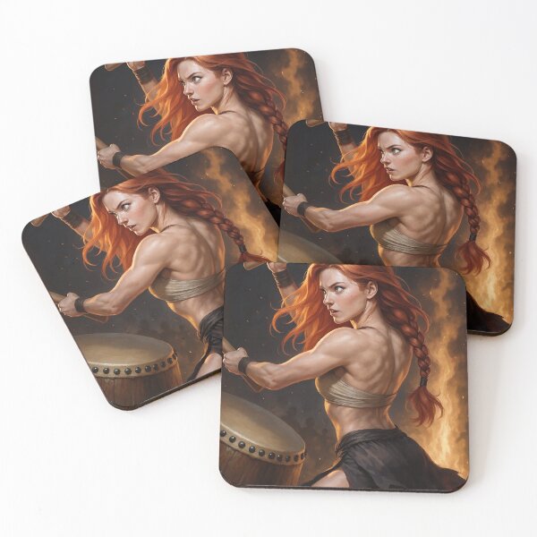 Item preview, Rowan drums fierce amid fiery backdrop designed and sold by CathryneDelamort.