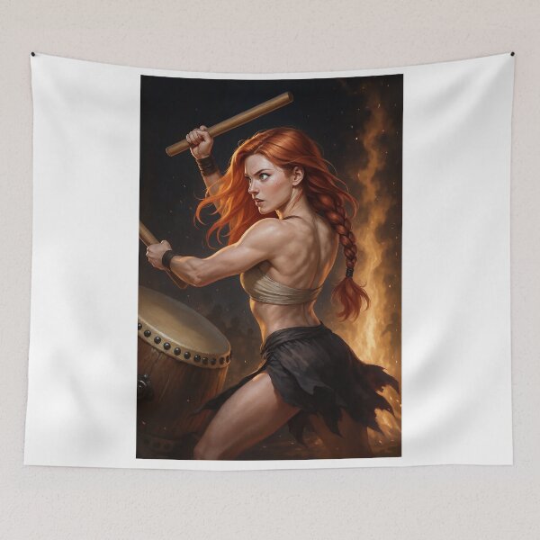 Item preview, Rowan drums fierce amid fiery backdrop designed and sold by CathryneDelamort.