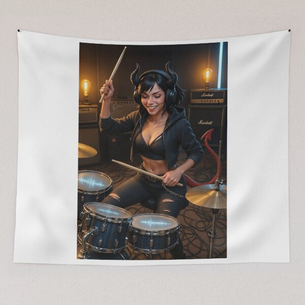 Item preview, Devilish drummer plays drums in rock studio designed and sold by CathryneDelamort.