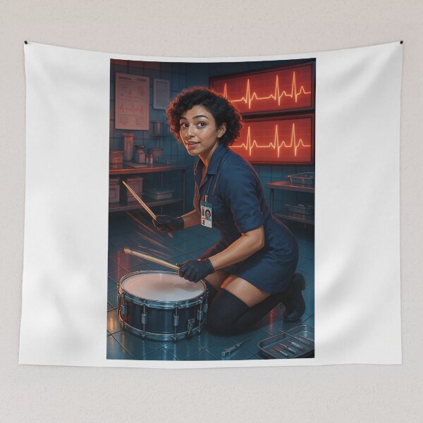 Item preview, Sarah plays drums in medical lab setting designed and sold by CathryneDelamort.