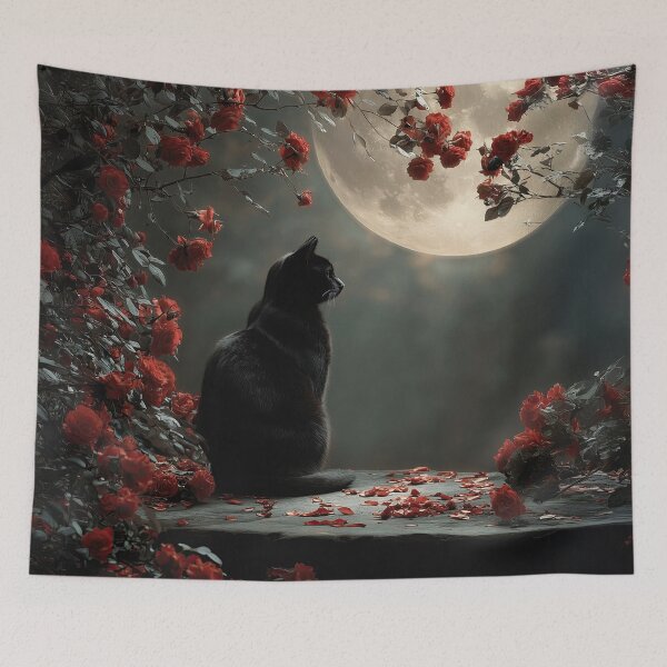 Item preview, Mystical Black Cat with Red Roses under Full Moon designed and sold by Erika Kaisersot.