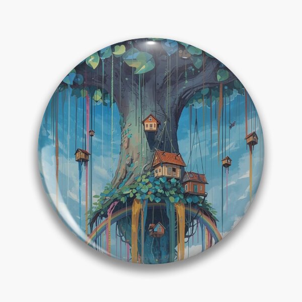 Item preview, Upside Down Tree Floating Island with Rainbow and Treehouses Fantasy Art designed and sold by TitanRN.