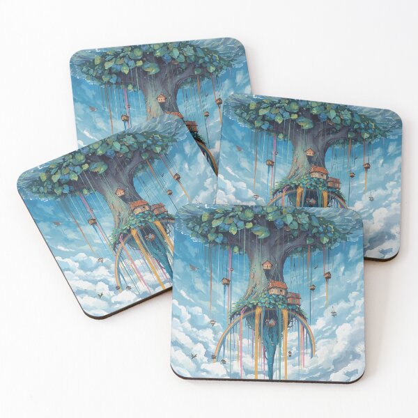 Item preview, Upside Down Tree Floating Island with Rainbow and Treehouses Fantasy Art designed and sold by TitanRN.