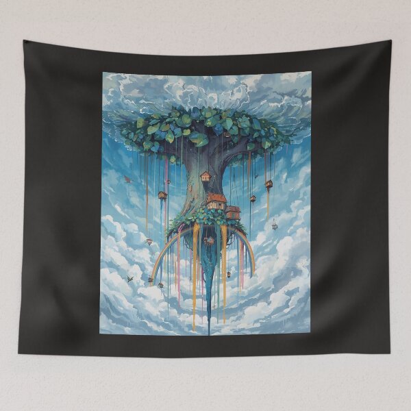 Item preview, Upside Down Tree Floating Island with Rainbow and Treehouses Fantasy Art designed and sold by TitanRN.