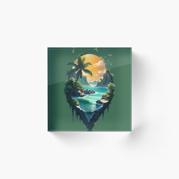 Aperçu de l'œuvre Île tropicale flottante au coucher du soleil, art fantastique créée et vendue par Kruti Collection.