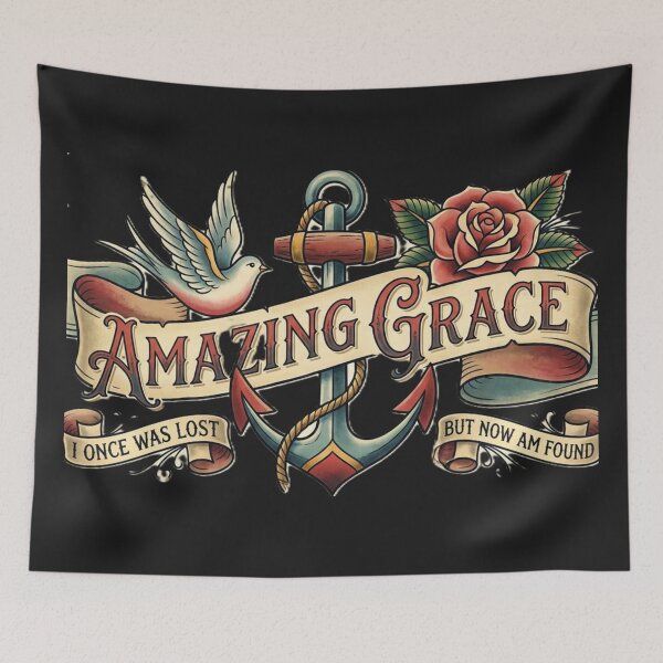 Item preview, Amazing Grace Vintage Tattoo Art – “Was Lost, Now Am Found” Christian Hymn Design designed and sold by GardenReign.