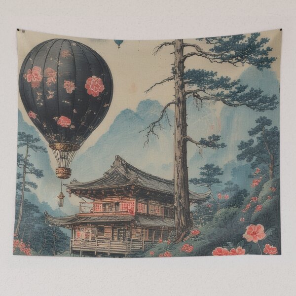 Item preview, Japanese temple with hot air balloon scenery designed and sold by Mianku | Für das Leben.