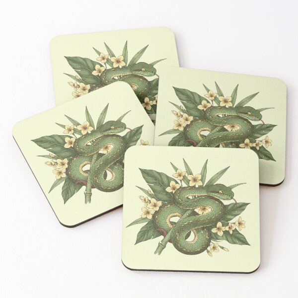 Item preview, Bamboo Pit Viper With Tropical Rainforest Leaves And Yellow Blossoms designed and sold by BirdsnStuff.