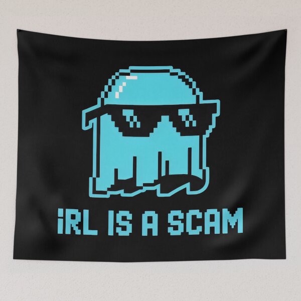 Item preview, IRL Is a Scam Pixel Ghost Design with Sunglasses and Retro Gaming Vibes designed and sold by SplashTastic.