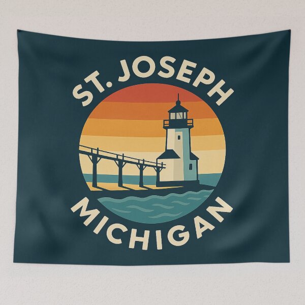 Item preview, St. Joseph Michigan Lighthouse Retro Sunset Circle Badge designed and sold by American Travels.
