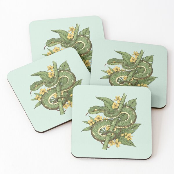 Item preview, Bamboo Pit Viper With Tropical Rainforest Leaves And Yellow Flowers Vintage Illustration designed and sold by BirdsnStuff.