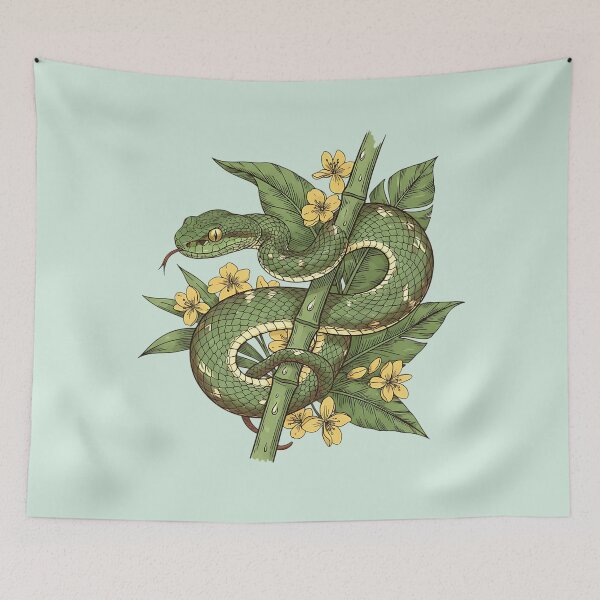 Item preview, Bamboo Pit Viper With Tropical Rainforest Leaves And Yellow Flowers Vintage Illustration designed and sold by BirdsnStuff.