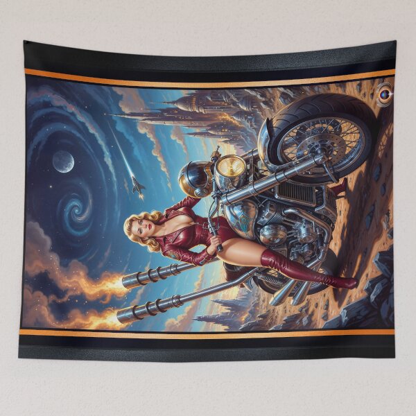 Item preview, The Cosmic Rider Dyra Gylfia Riding The Valkyrion Alluring AI Concept Art by Xzendor7 designed and sold by Xzendor7 Digital Art Creations.