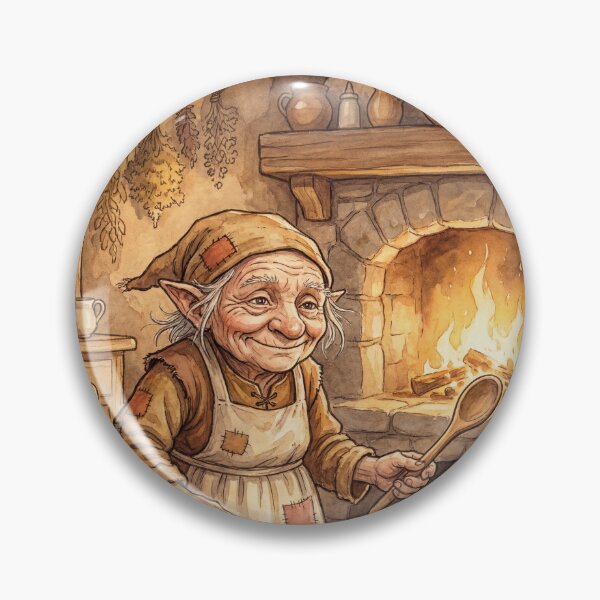 Item preview, Brownie in her Cozy Kitchen creature of folklore watercolor artwork illustration designed and sold by Vintage Designs +.
