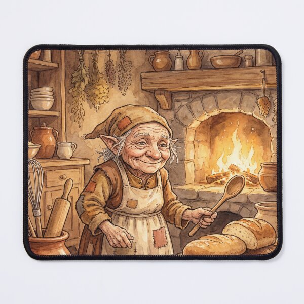 Item preview, Brownie in her Cozy Kitchen creature of folklore watercolor artwork illustration designed and sold by Vintage Designs +.
