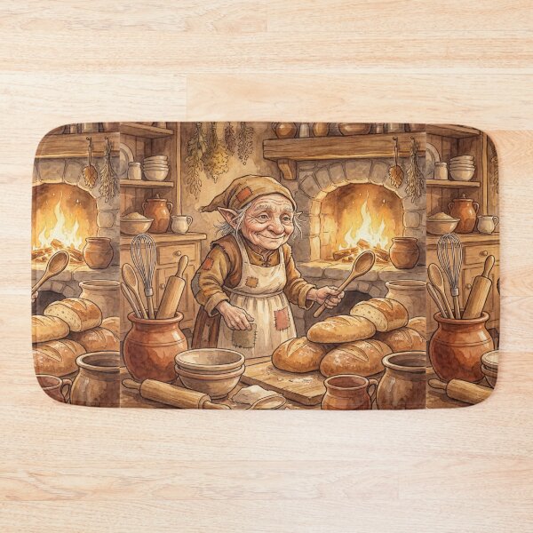 Item preview, Brownie in her Cozy Kitchen creature of folklore watercolor artwork illustration designed and sold by Vintage Designs +.
