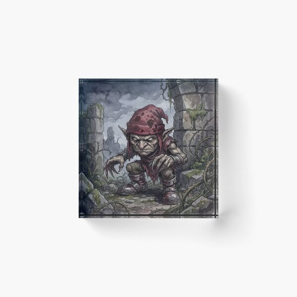 Item preview, Redcap in ancient Ruins creature of folklore watercolor artwork illustration designed and sold by Vintage Designs +.