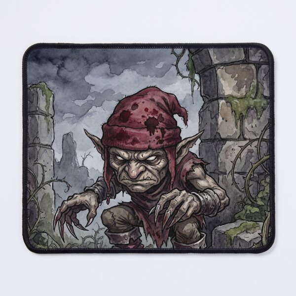Item preview, Redcap in ancient Ruins creature of folklore watercolor artwork illustration designed and sold by Vintage Designs +.