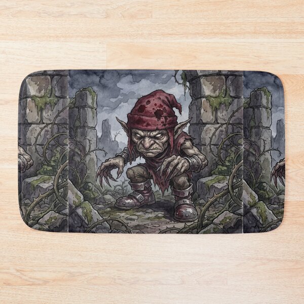 Item preview, Redcap in ancient Ruins creature of folklore watercolor artwork illustration designed and sold by Vintage Designs +.