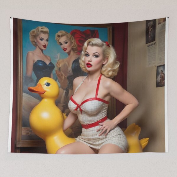 Item preview, Vintage 1950s Pin-Up Girl with Rubber Duck | Retro Glamour Bathroom Art Playful Pinup designed and sold by MissSaylor.