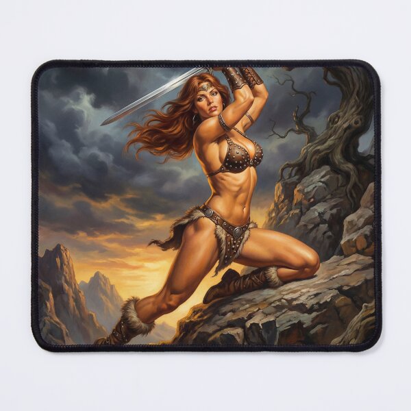 Item preview, Barbarian Woman in fighting pose illustration fantasy art style designed and sold by Vintage Designs +.