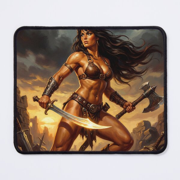 Item preview, Barbarian Woman in fighting pose illustration fantasy art style designed and sold by Vintage Designs +.