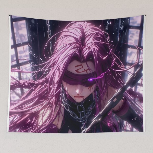Item preview, Rider/Medusa-Blindfolded Blade Warrior – Dark Neon Cyberpunk Anime Art designed and sold by Dyan4.