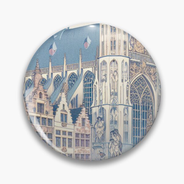Item preview, Antwerpen Belgium Ukiyo-e Art - Cathedral of Our Lady Japanese Woodblock Style Gothic Architecture Canal Scene designed and sold by Vandy Fullam.