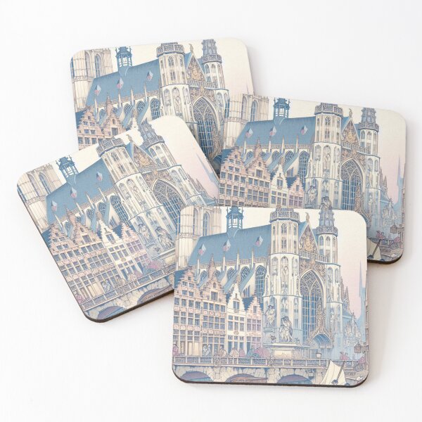 Item preview, Antwerpen Belgium Ukiyo-e Art - Cathedral of Our Lady Japanese Woodblock Style Gothic Architecture Canal Scene designed and sold by Vandy Fullam.
