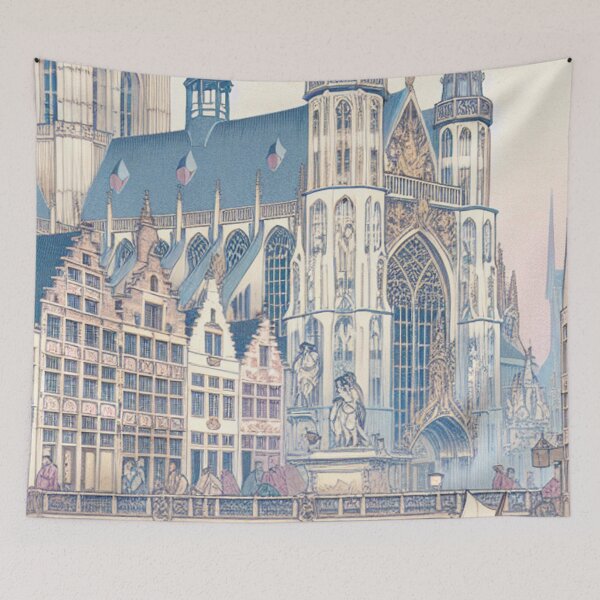 Item preview, Antwerpen Belgium Ukiyo-e Art - Cathedral of Our Lady Japanese Woodblock Style Gothic Architecture Canal Scene designed and sold by Vandy Fullam.