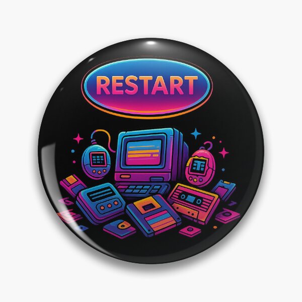 Item preview, Rebooting the 90s – Retro Tech Restart Button with Tamagotchi, Floppy Disks & Neon Vaporwave designed and sold by AddictiveDesign.